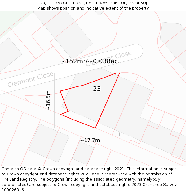 23, CLERMONT CLOSE, PATCHWAY, BRISTOL, BS34 5QJ: Plot and title map