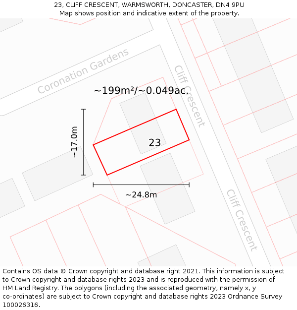 23, CLIFF CRESCENT, WARMSWORTH, DONCASTER, DN4 9PU: Plot and title map
