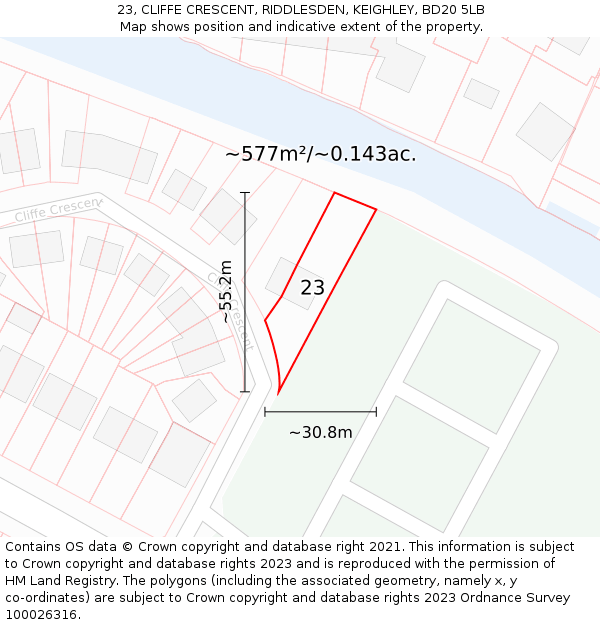 23, CLIFFE CRESCENT, RIDDLESDEN, KEIGHLEY, BD20 5LB: Plot and title map