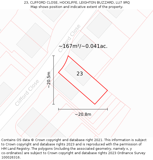 23, CLIFFORD CLOSE, HOCKLIFFE, LEIGHTON BUZZARD, LU7 9RQ: Plot and title map