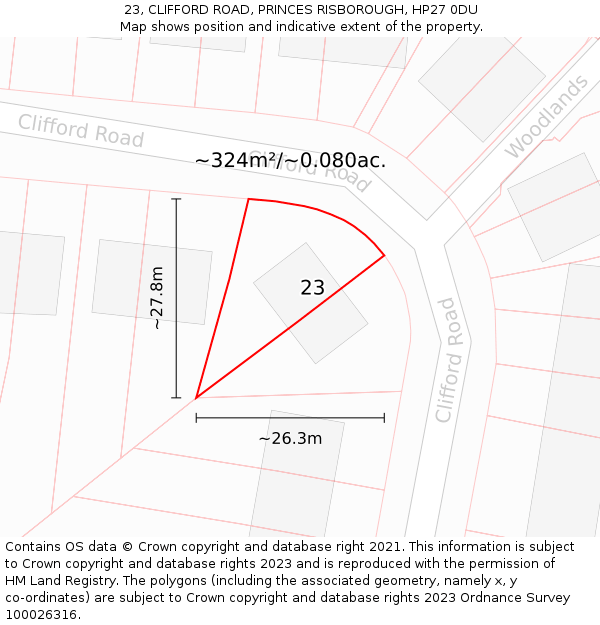 23, CLIFFORD ROAD, PRINCES RISBOROUGH, HP27 0DU: Plot and title map