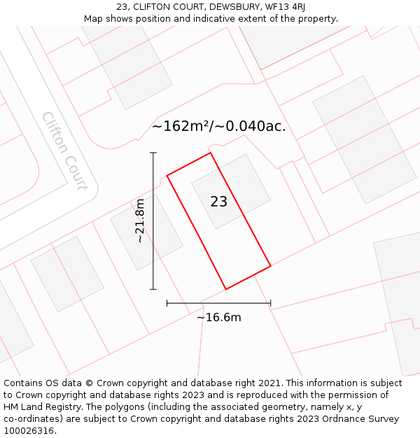 23, CLIFTON COURT, DEWSBURY, WF13 4RJ: Plot and title map