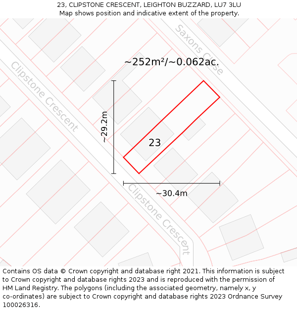23, CLIPSTONE CRESCENT, LEIGHTON BUZZARD, LU7 3LU: Plot and title map