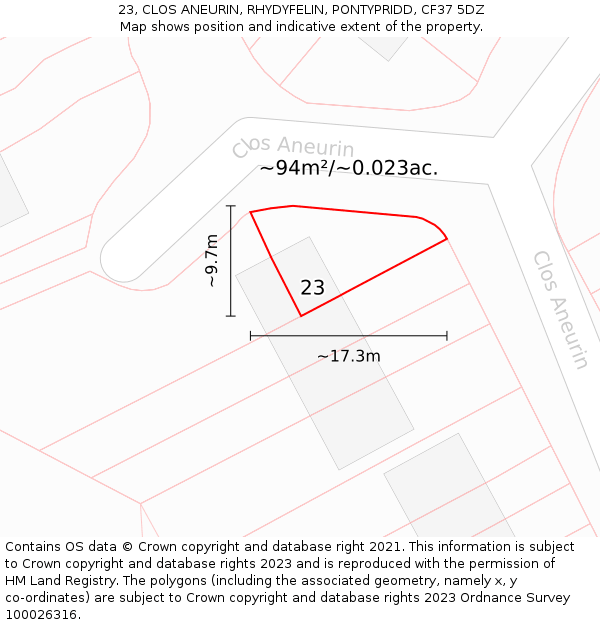 23, CLOS ANEURIN, RHYDYFELIN, PONTYPRIDD, CF37 5DZ: Plot and title map