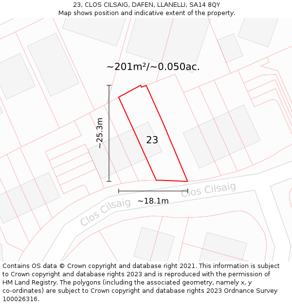 23, CLOS CILSAIG, DAFEN, LLANELLI, SA14 8QY: Plot and title map