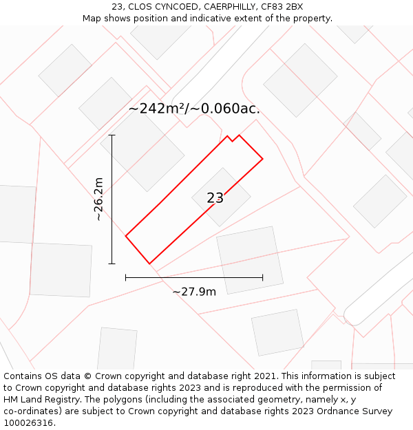 23, CLOS CYNCOED, CAERPHILLY, CF83 2BX: Plot and title map