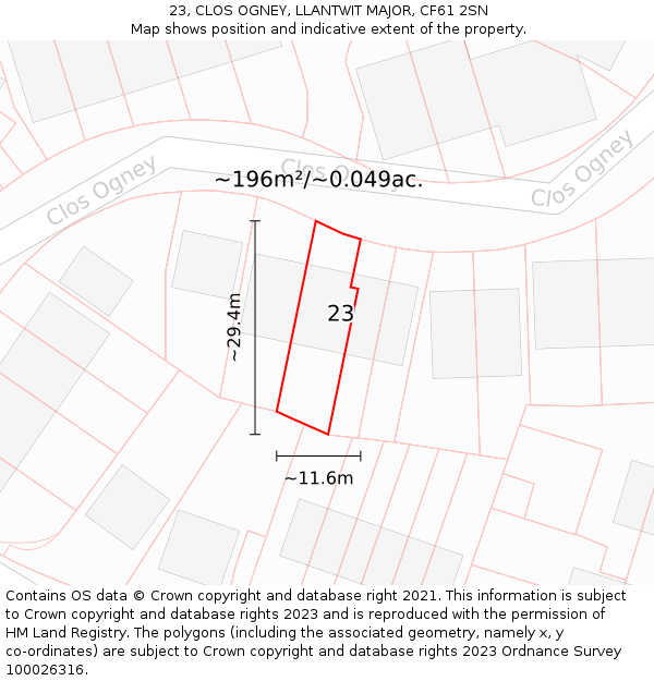 23, CLOS OGNEY, LLANTWIT MAJOR, CF61 2SN: Plot and title map