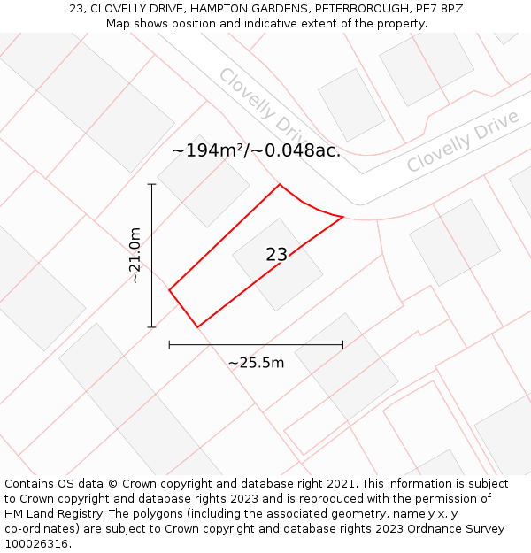 23, CLOVELLY DRIVE, HAMPTON GARDENS, PETERBOROUGH, PE7 8PZ: Plot and title map