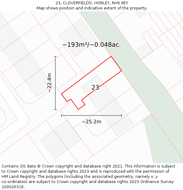 23, CLOVERFIELDS, HORLEY, RH6 9EY: Plot and title map