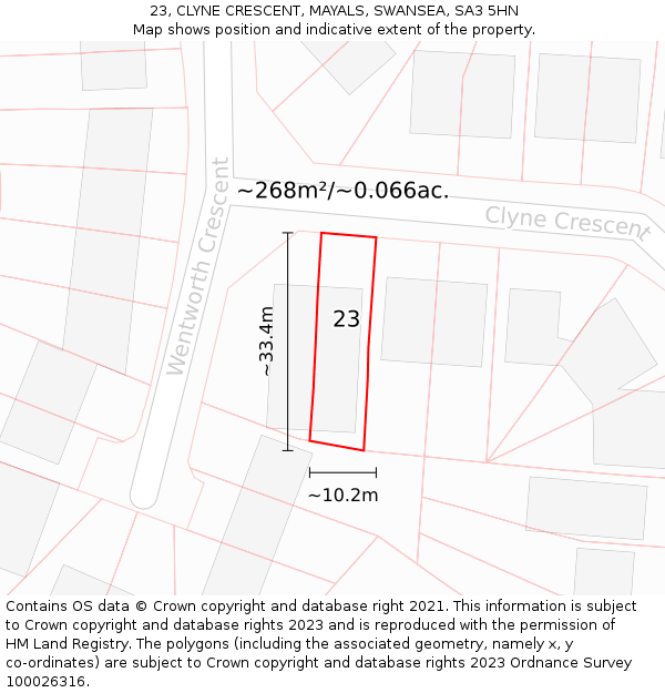 23, CLYNE CRESCENT, MAYALS, SWANSEA, SA3 5HN: Plot and title map