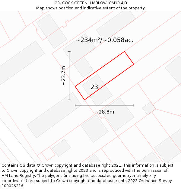 23, COCK GREEN, HARLOW, CM19 4JB: Plot and title map