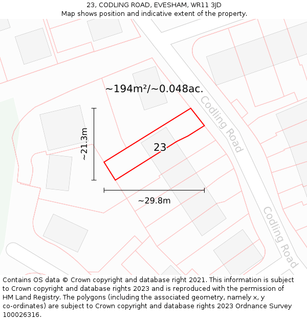 23, CODLING ROAD, EVESHAM, WR11 3JD: Plot and title map