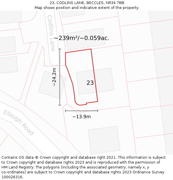 23, CODLINS LANE, BECCLES, NR34 7BB: Plot and title map