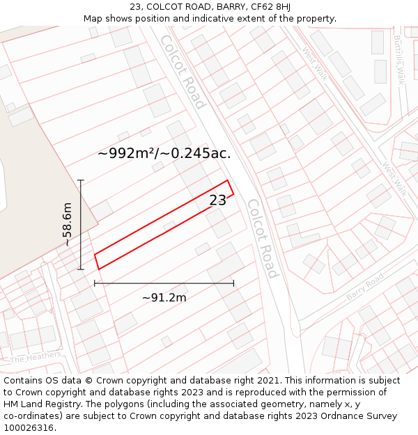 23, COLCOT ROAD, BARRY, CF62 8HJ: Plot and title map