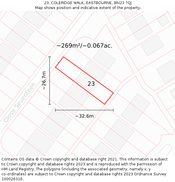 23, COLERIDGE WALK, EASTBOURNE, BN23 7QJ: Plot and title map
