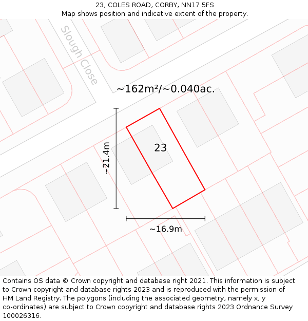 23, COLES ROAD, CORBY, NN17 5FS: Plot and title map