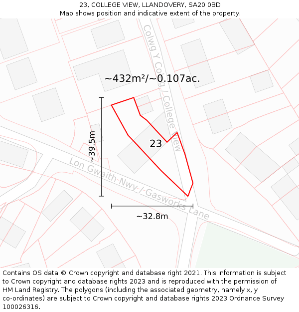 23, COLLEGE VIEW, LLANDOVERY, SA20 0BD: Plot and title map