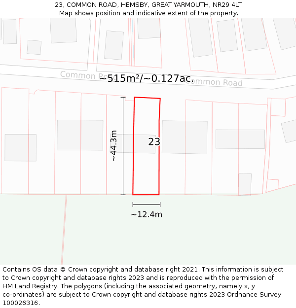23, COMMON ROAD, HEMSBY, GREAT YARMOUTH, NR29 4LT: Plot and title map