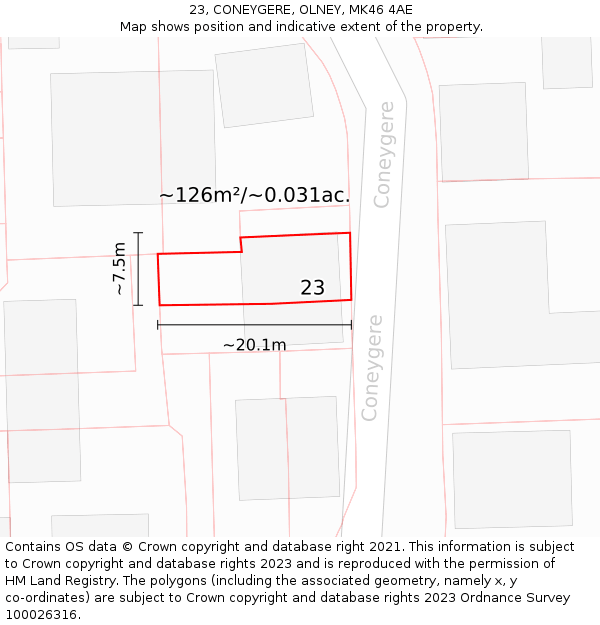 23, CONEYGERE, OLNEY, MK46 4AE: Plot and title map