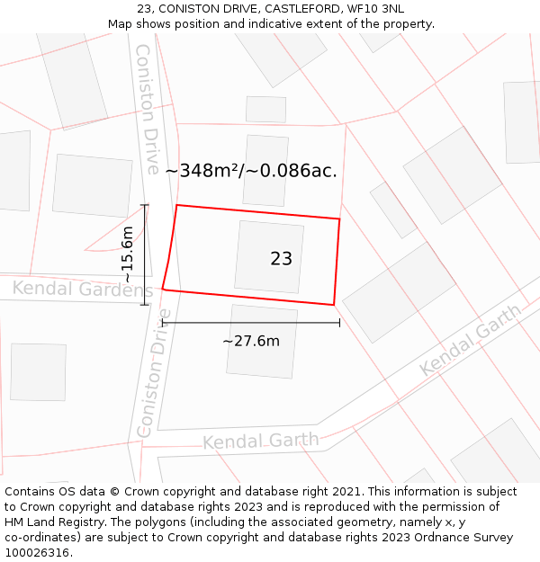 23, CONISTON DRIVE, CASTLEFORD, WF10 3NL: Plot and title map