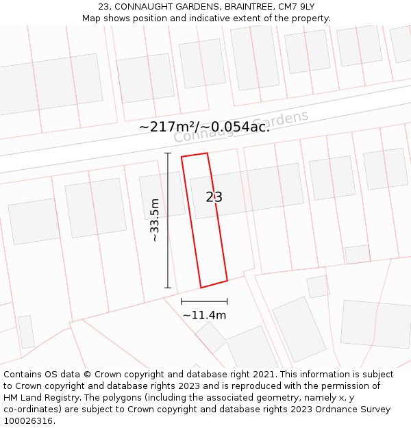 23, CONNAUGHT GARDENS, BRAINTREE, CM7 9LY: Plot and title map