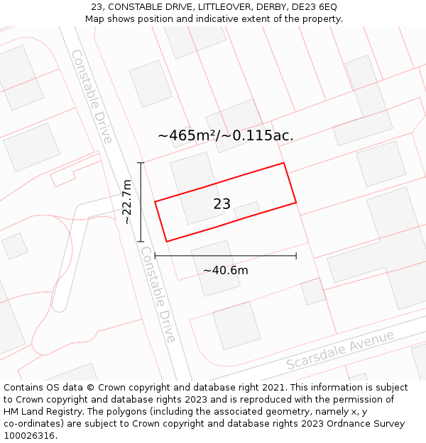 23, CONSTABLE DRIVE, LITTLEOVER, DERBY, DE23 6EQ: Plot and title map
