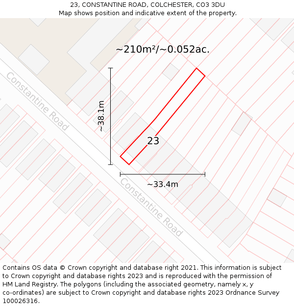 23, CONSTANTINE ROAD, COLCHESTER, CO3 3DU: Plot and title map