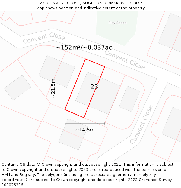 23, CONVENT CLOSE, AUGHTON, ORMSKIRK, L39 4XP: Plot and title map