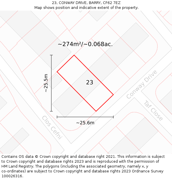 23, CONWAY DRIVE, BARRY, CF62 7EZ: Plot and title map