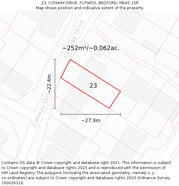 23, CONWAY DRIVE, FLITWICK, BEDFORD, MK45 1SR: Plot and title map