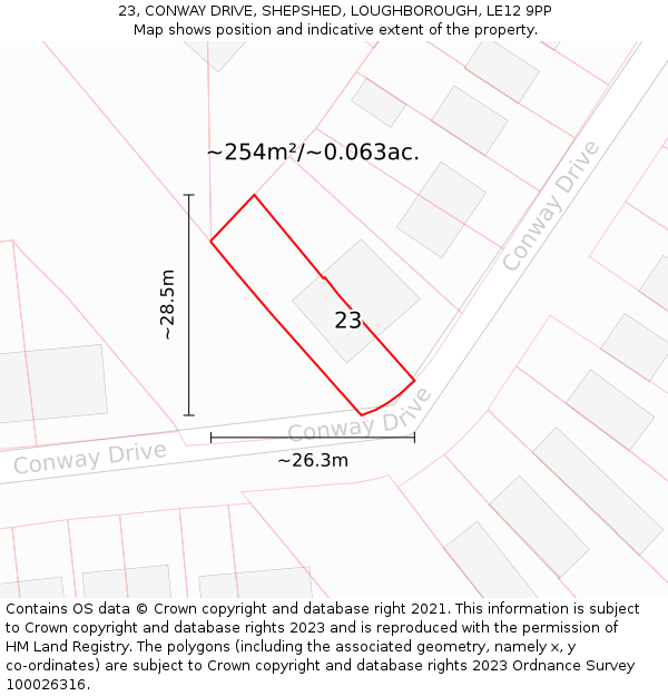23, CONWAY DRIVE, SHEPSHED, LOUGHBOROUGH, LE12 9PP: Plot and title map