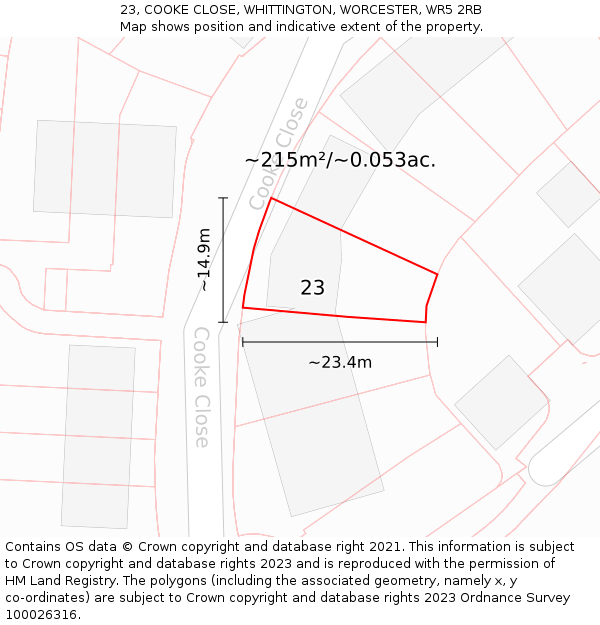 23, COOKE CLOSE, WHITTINGTON, WORCESTER, WR5 2RB: Plot and title map