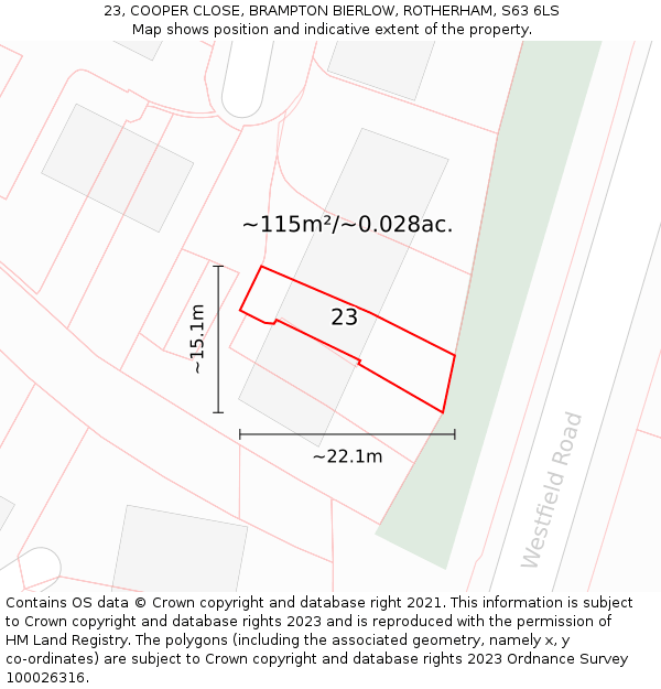 23, COOPER CLOSE, BRAMPTON BIERLOW, ROTHERHAM, S63 6LS: Plot and title map