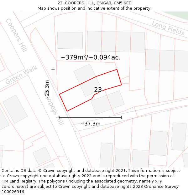 23, COOPERS HILL, ONGAR, CM5 9EE: Plot and title map