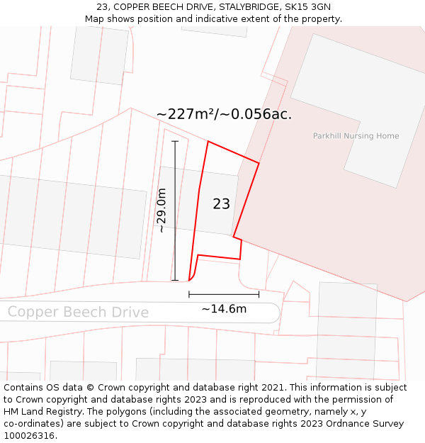 23, COPPER BEECH DRIVE, STALYBRIDGE, SK15 3GN: Plot and title map