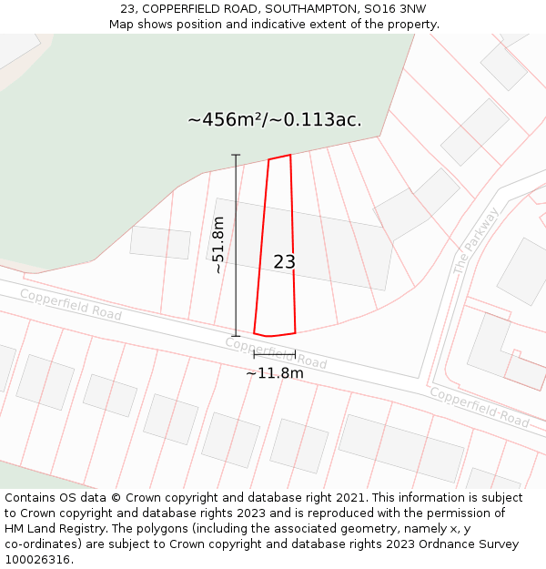 23, COPPERFIELD ROAD, SOUTHAMPTON, SO16 3NW: Plot and title map