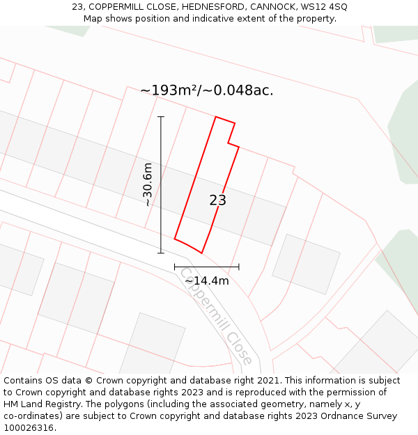 23, COPPERMILL CLOSE, HEDNESFORD, CANNOCK, WS12 4SQ: Plot and title map