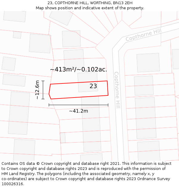 23, COPTHORNE HILL, WORTHING, BN13 2EH: Plot and title map