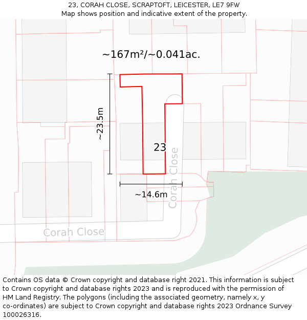 23, CORAH CLOSE, SCRAPTOFT, LEICESTER, LE7 9FW: Plot and title map