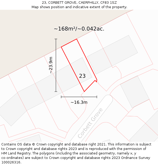 23, CORBETT GROVE, CAERPHILLY, CF83 1SZ: Plot and title map