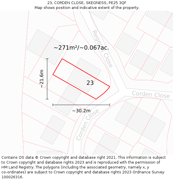 23, CORDEN CLOSE, SKEGNESS, PE25 3QF: Plot and title map