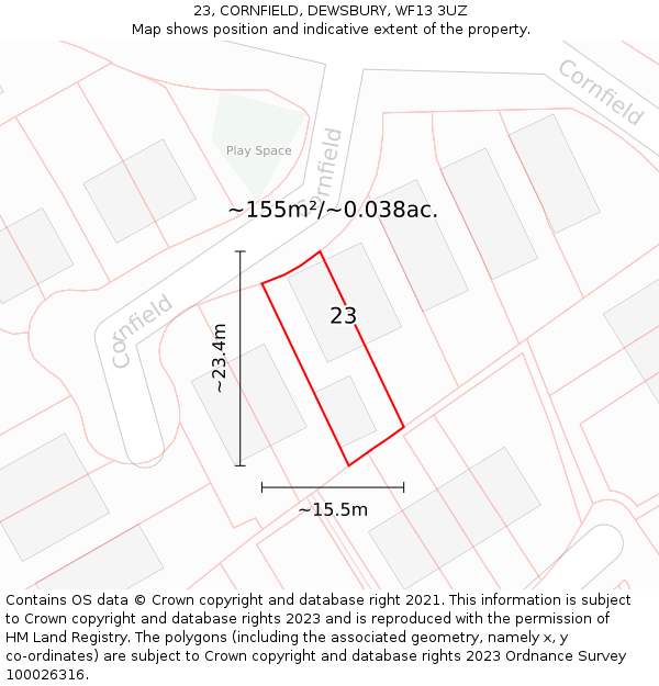 23, CORNFIELD, DEWSBURY, WF13 3UZ: Plot and title map