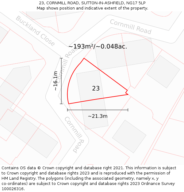 23, CORNMILL ROAD, SUTTON-IN-ASHFIELD, NG17 5LP: Plot and title map