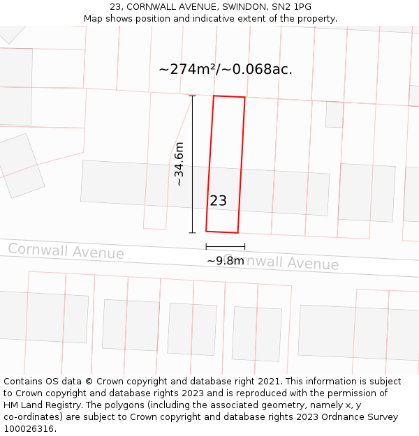 23, CORNWALL AVENUE, SWINDON, SN2 1PG: Plot and title map