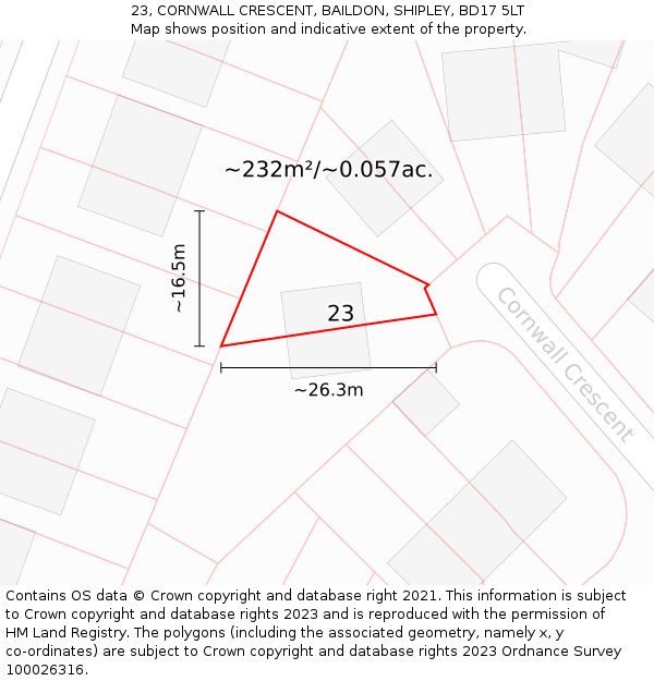 23, CORNWALL CRESCENT, BAILDON, SHIPLEY, BD17 5LT: Plot and title map