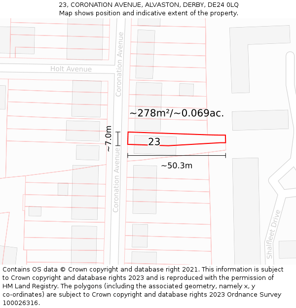 23, CORONATION AVENUE, ALVASTON, DERBY, DE24 0LQ: Plot and title map