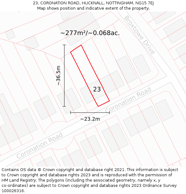 23, CORONATION ROAD, HUCKNALL, NOTTINGHAM, NG15 7EJ: Plot and title map