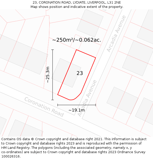 23, CORONATION ROAD, LYDIATE, LIVERPOOL, L31 2NE: Plot and title map