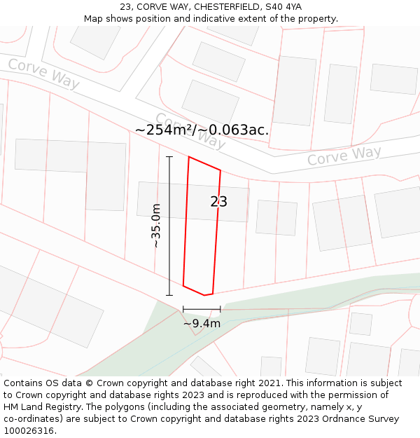 23, CORVE WAY, CHESTERFIELD, S40 4YA: Plot and title map