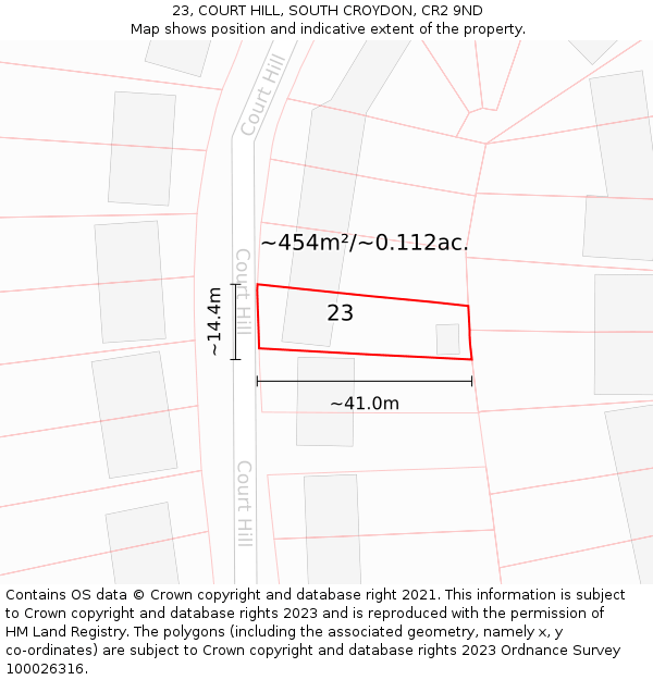 23, COURT HILL, SOUTH CROYDON, CR2 9ND: Plot and title map